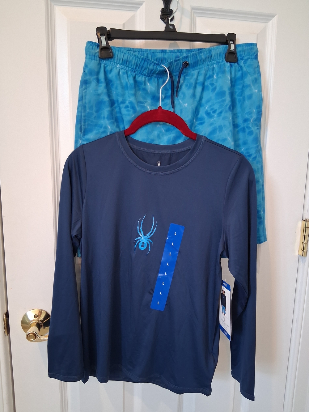 Spyder Kids Navy Long Sleeve Swim Tee with Aqua Spider and Blue Swim Trunks